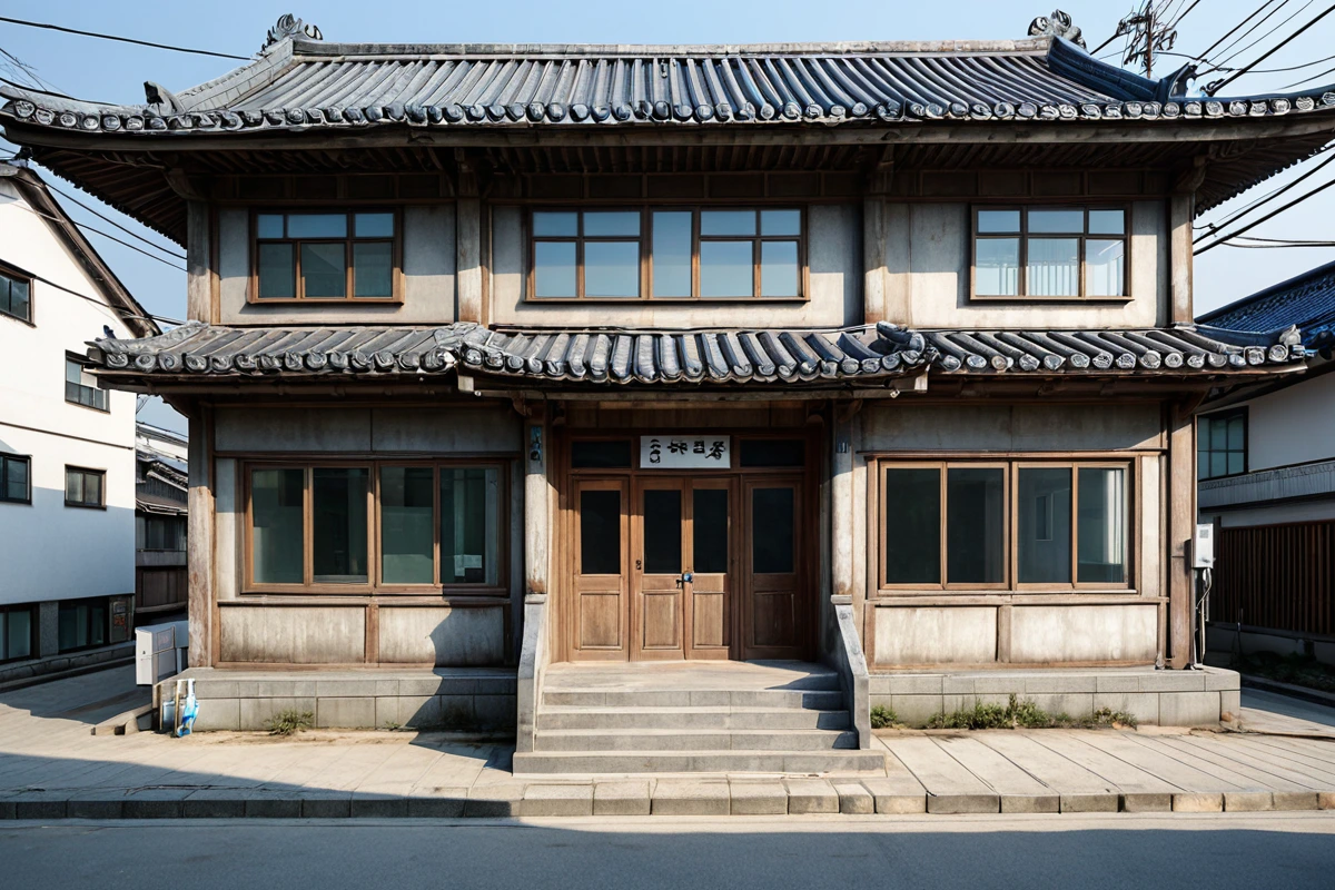 서울 치과 건물 외부, 2층 구조물의 안정성을 고려한 철거 계획을 작성하는 현장 조사 도구와 도면이 테이블 위에 놓인 모습. 건물의 구조적 특성을 반영한 철거 계획서가 정리되어 있